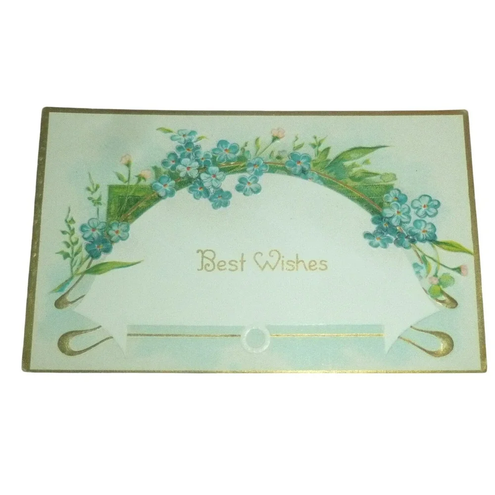 Antique Best Wishes Postcard Blue Forget Me Nots‎ Embossed Floral Gold Gilt Edge